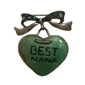 Vintage Distressed Best Nana Bow Crystals Heart Brooch Pin